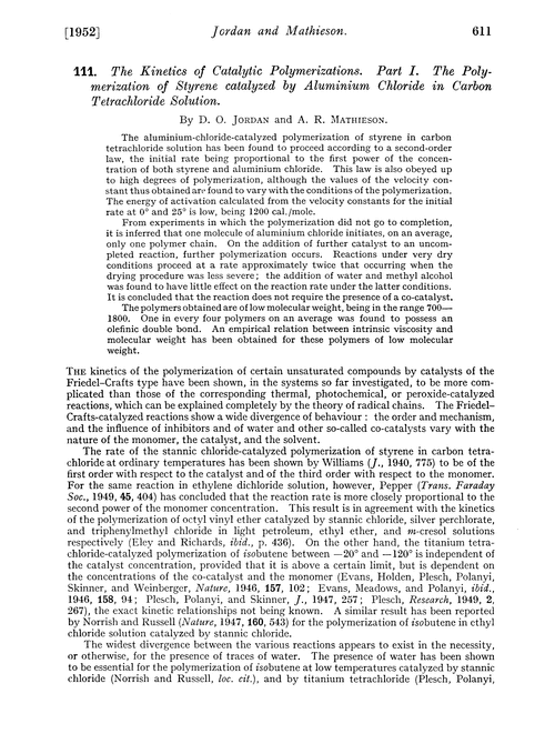 111. The kinetics of catalytic polymerizations. Part I. The polymerization of styrene catalyzed by aluminium chloride in carbon tetrachloride solution