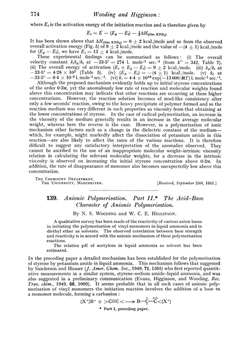 139. Anionic polymerisation. Part II. The acid–base character of anionic polymerisation