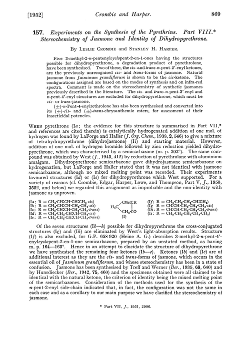 157. Experiments on the synthesis of the pyrethrins. Part VIII. Stereochemistry of jasmone and identity of dihydropyrethrone