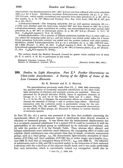 189. Studies in light absorption. Part X. Further observations on ultra-violet auxochromes. A survey of the effects of some of the less common elements
