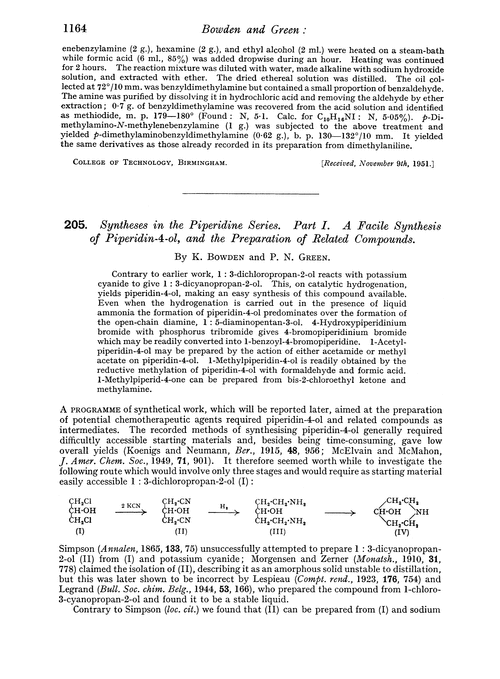 205. Syntheses in the piperidine series. Part I. A facile synthesis of piperidin-4-ol, and the preparation of related compounds