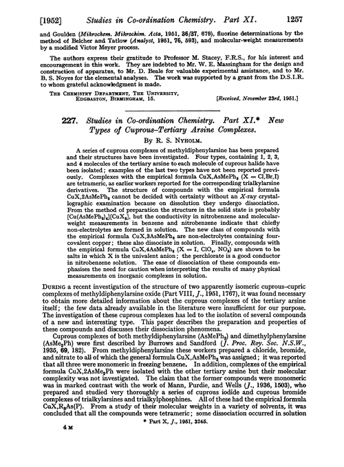 227. Studies in co-ordination chemistry. Part XI. New types of cuprous–tertiary arsine complexes