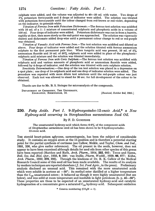 230. Fatty acids. Part I. 9-Hydroxyoctadec-12-enoic acid, a new hydroxy-acid occurring in strophanthus sarmentosus seed oil
