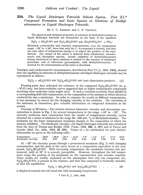 254. The liquid dinitrogen tetroxide solvent system. Part XI. Compound formation and ionic species in solutions of diethylnitrosamine in liquid dinitrogen tetroxide