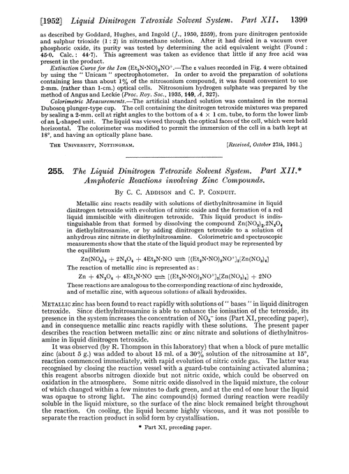 255. The liquid dinitrogen tetroxide solvent system. Part XII. Amphoteric reactions involving zinc compounds