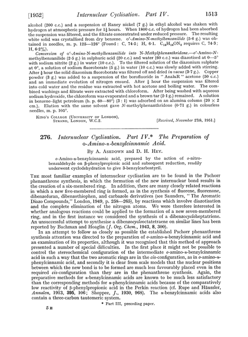 276. Internuclear cyclisation. Part IV. The preparation of o-amino-α-benzylcinnamic acid