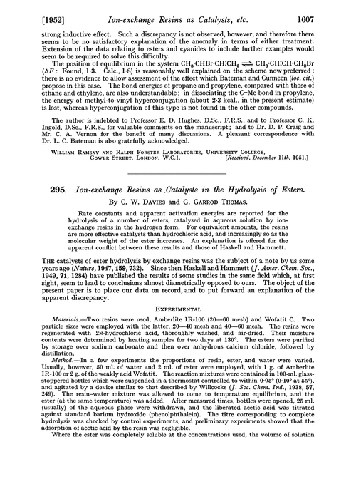 295. Ionexchange resins as catalysts in the hydrolysis of esters Journal of the Chemical