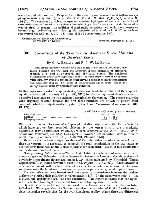 301. Comparison of the true and the apparent dipole moments of dissolved ethers