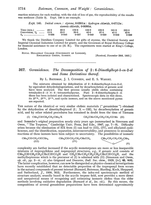 317. Geraniolenes. The decomposition of 2 : 6-dimethylhept-5-en-2-ol and some derivatives thereof