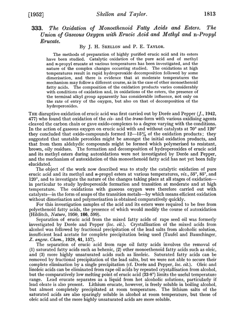 333. The oxidation of monoethenoid fatty acids and esters. The union of gaseous oxygen with erucic acid and methyl and n-propyl erucate