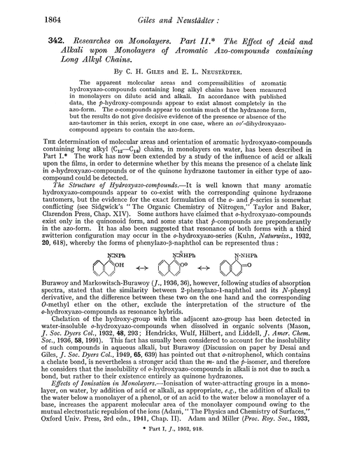 342. Researches on monolayers. Part II. The effect of acid and alkali upon monolayers of aromatic azo-compounds containing long alkyl chains