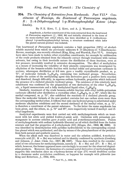 354. The chemistry of extractives from hardwoods. Part VII. Constituents of muninga, the heartwood of pterocarpus angolensis. B : 2 : 4-dihydroxyphenyl 1-p-methoxyphenylethyl ketone (angolensin)