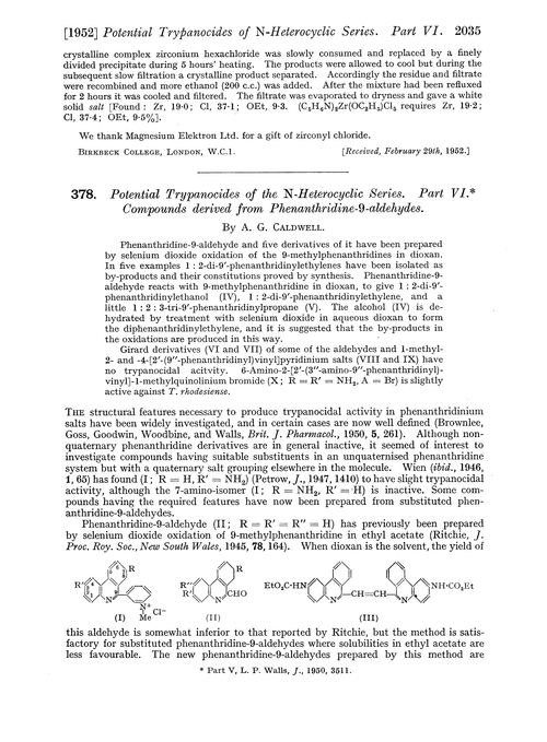 378. Potential trypanocides of the N-heterocyclic series. Part VI. Compounds derived from phenanthridine-9-aldehydes