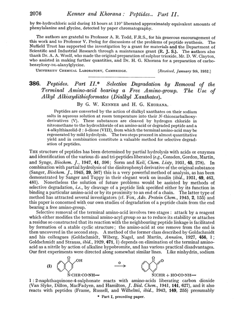 386. Peptides. Part II. Selective degradation by removal of the terminal amino-acid bearing a free amino-group. The use of alkyl alkoxydithioformates (dialkyl xanthates)