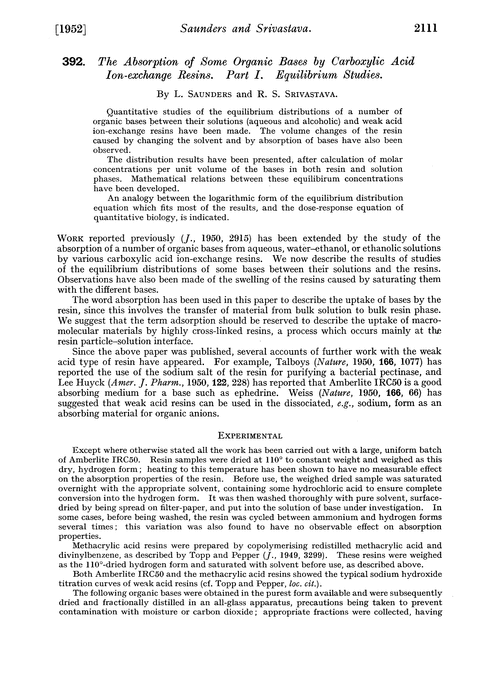 392. The absorption of some organic bases by carboxylic acid ion-exchange resins. Part I. Equilibrium studies
