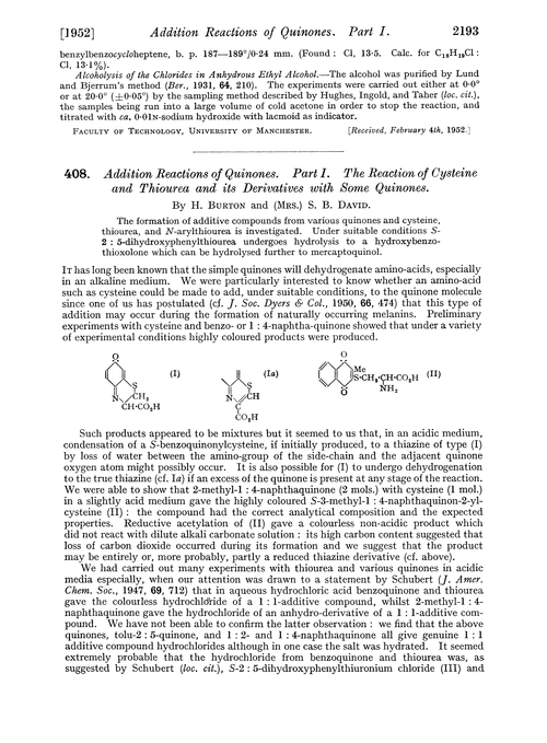 408. Addition reactions of quinones. Part I. The reaction of cysteine and thiourea and its derivatives with some quinones