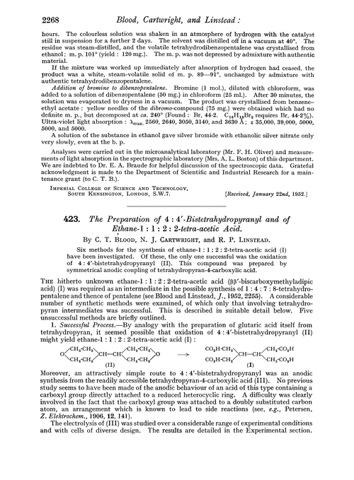 423. The preparation of 4 : 4′-bistetrahydropyranyl and of ethane-1 : 1 : 2 : 2-tetra-acetic acid