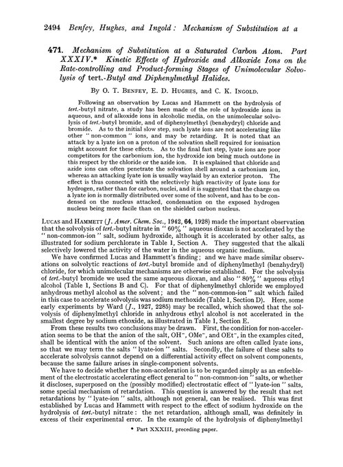 471. Mechanism of substitution at a saturated carbon atom. Part XXXIV. Kinetic effects of hydroxide and alkoxide ions on the rate-controlling and product-forming stages of unimolecular solvolysis of tert.-butyl and diphenylmethyl halides