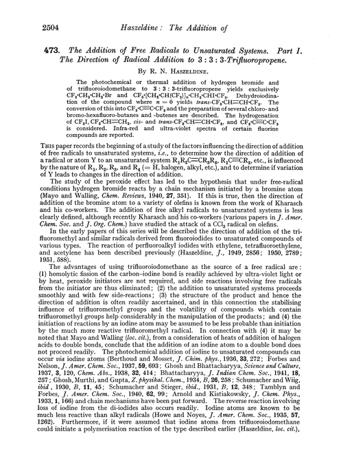 473. The addition of free radicals to unsaturated systems. Part I. The direction of radical addition to 3 : 3 : 3-trifluoropropene