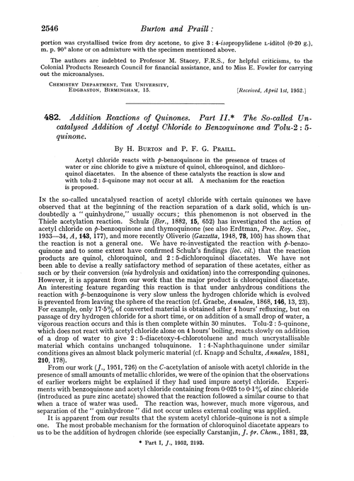 482. Addition reactions of quinones. Part II. The so-called uncatalysed addition of acetyl chloride to benzoquinone and tolu-2 : 5-quinone