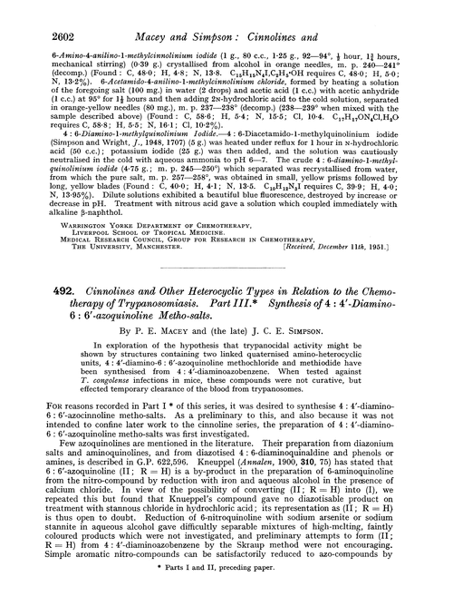 492. Cinnolines and other heterocyclic types in relation to the chemotherapy of trypanosomiasis. Part III. Synthesis of 4 : 4′-diamino-6 : 6′-azoquinoline metho-salts