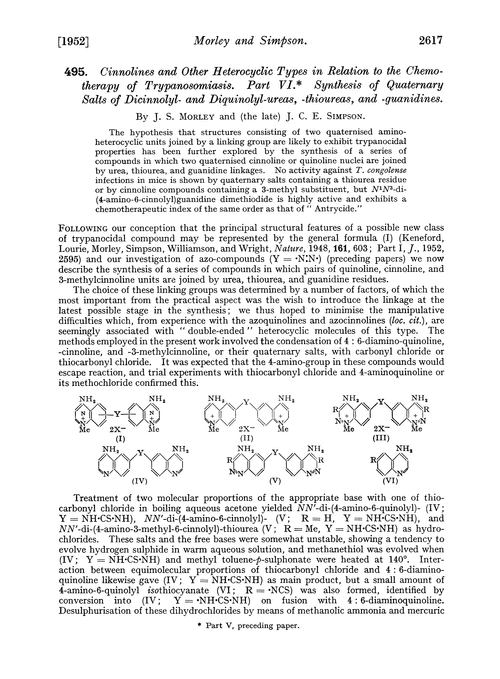 495. Cinnolines and other heterocyclic types in relation to the chemotherapy of trypanosomiasis. Part VI. Synthesis of quaternary salts of dicinnolyl- and diquinolyl-ureas, -thioureas, and -guanidines