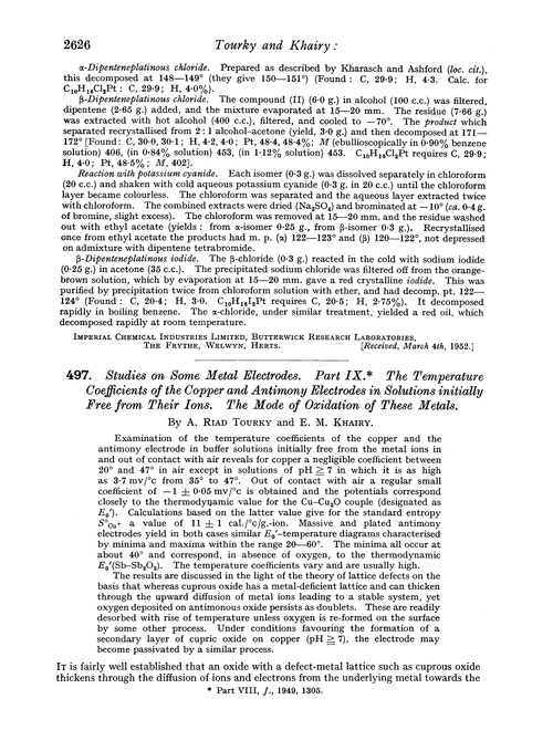 497. Studies on some metal electrodes. Part IX. The temperature coefficients of the copper and antimony electrodes in solutions initially free from their ions. The mode of oxidation of these metals
