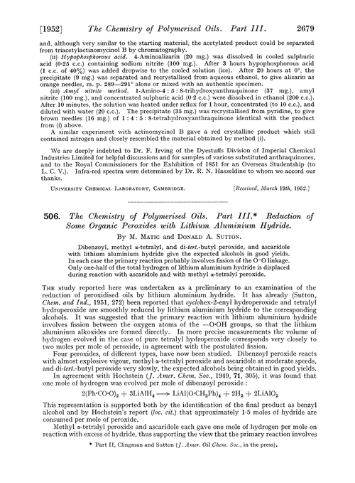 506 The Chemistry Of Polymerised Oils Part Iii Reduction Of Some Organic Peroxides With Lithium Aluminium Hydride Journal Of The Chemical Society Resumed Rsc Publishing