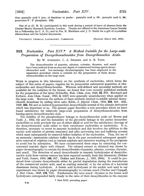 513. Nucleotides. Part XIV. A method suitable for the large-scale preparation of deoxyribonucleosides from deoxyribonucleic acids