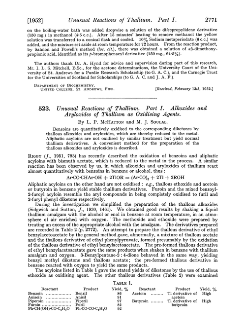 523. Unusual reactions of thallium. Part I. Alkoxides and aryloxides of thallium as oxidising agents