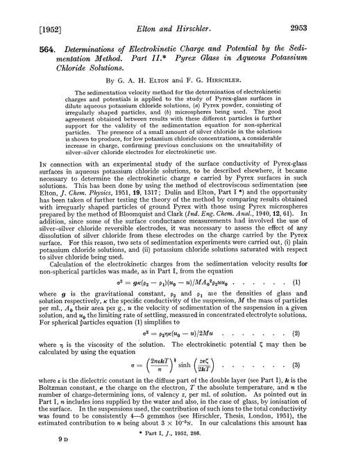 564. Determinations of electrokinetic charge and potential by the sedimentation method. Part II. Pyrex glass in aqueous potassium chloride solutions