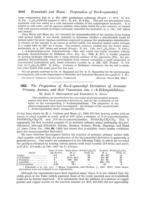 582. The preparation of bis-2-cyanoethyl derivatives of aromatic primary amines, and their conversion into 1 : 6-diketojulolidines