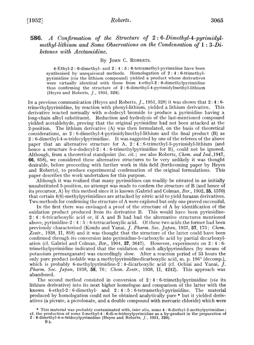 586. A confirmation of the structure of 2 : 6-dimethyl-4-pyrimidyl-methyl-lithium and some observations on the condensation of 1 : 3-diketones with acetamidine