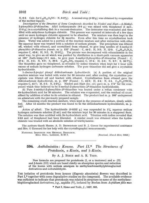 594. Anthelmintics: kousso. Part II. The structures of protokosin, α-kosin, and β-kosin