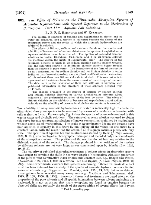 601. The effect of solvent on the ultra-violet absorption spectra of aromatic hydrocarbons with special reference to the mechanism of salting-out. Part II. Aqueous salt solutions