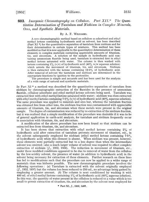 603. Inorganic chromatography on cellulose. Part XII. The quantitative determination of tantalum and niobium in complex minerals, ores, and synthetic materials