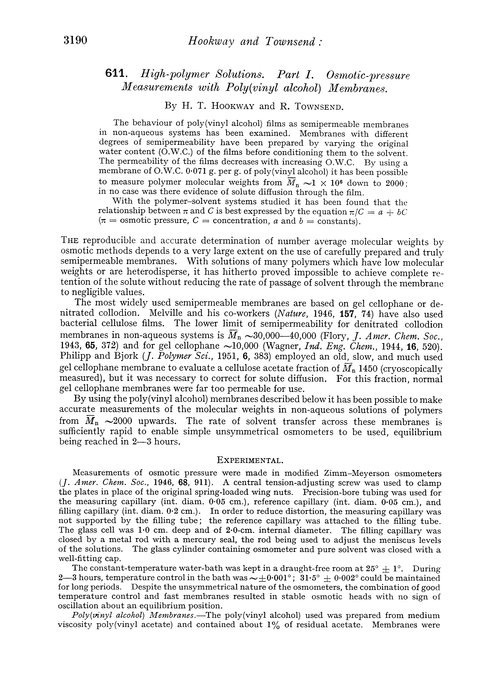 611. High-polymer solutions. Part I. Osmotic-pressure measurements with poly(vinyl alcohol) membranes