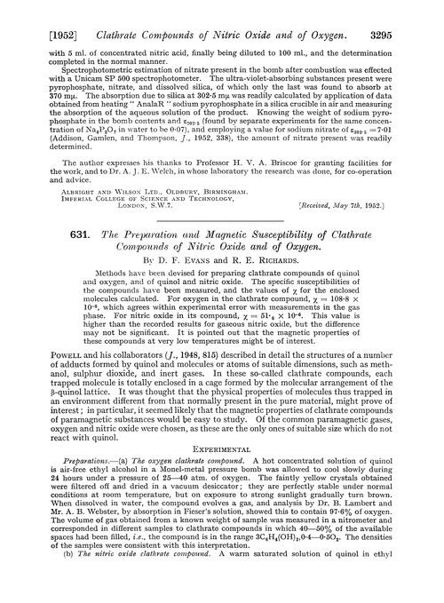 631. The preparation and magnetic susceptibility of clathrate compounds of nitric oxide and of oxygen