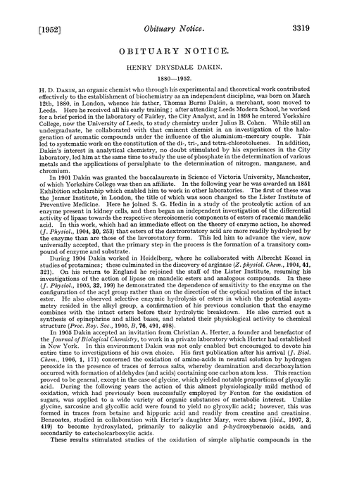 Obituary notice: Henry Drysdale Dakin, 1880–1952