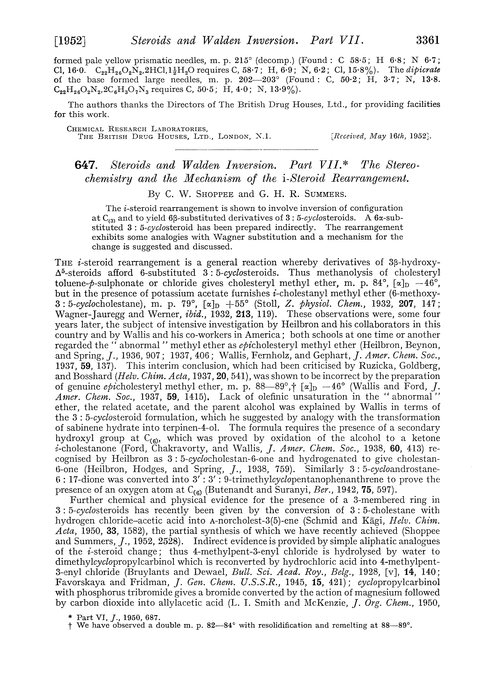 647. Steroids and walden inversion. Part VII. The stereochemistry and the mechanism of the i-steroid rearrangement