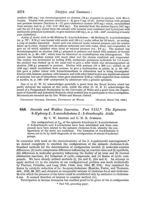 648. Steroids and walden inversion. Part VIII. The epimeric 6-hydroxy-2 : 3-secocholestane-2 : 3-dicarboxylic acids