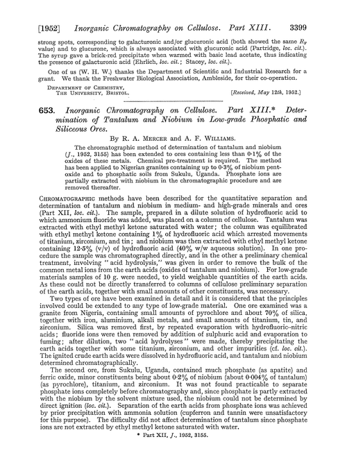653. Inorganic chromatography on cellulose. Part XIII. Determination of tantalum and niobium in low-grade phosphatic and siliceous ores