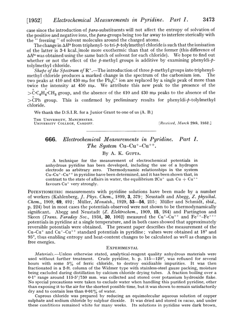 666. Electrochemical measurements in pyridine. Part I. The system Cu–Cu+–Cu++