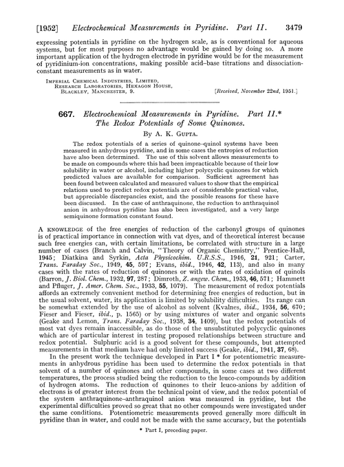 667. Electrochemical measurements in pyridine. Part II. The redox potentials of some quinones