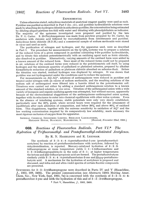 668. Reactions of fluorocarbon radicals. Part VI. The hydration of trifluoromethyl- and pentafluoroethyl-substituted acetylenes