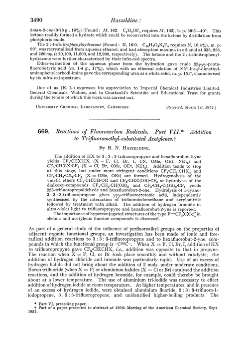 669. Reactions of fluorocarbon radicals. Part VII. Addition to trifluoromethyl-substituted acetylenes
