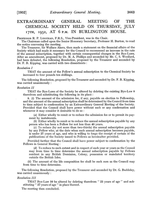 Extraordinary General Meeting of the Chemical Society held on Thursday, July 17th, 1952, at 6 p.m. in Burlington House