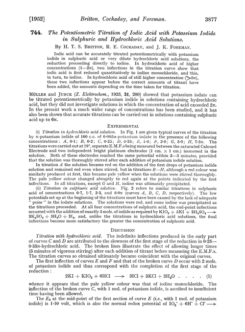744. The potentiometric titration of iodic acid with potassium iodide in sulphuric and hydrochloric acid solutions