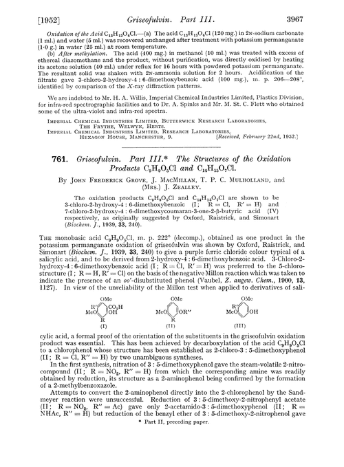 761. Griseofulvin. Part III. The structures of the oxidation products C9H9O5Cl and C14H15O7Cl