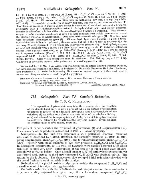 763. Griseofulvin. Part V. Catalytic reduction